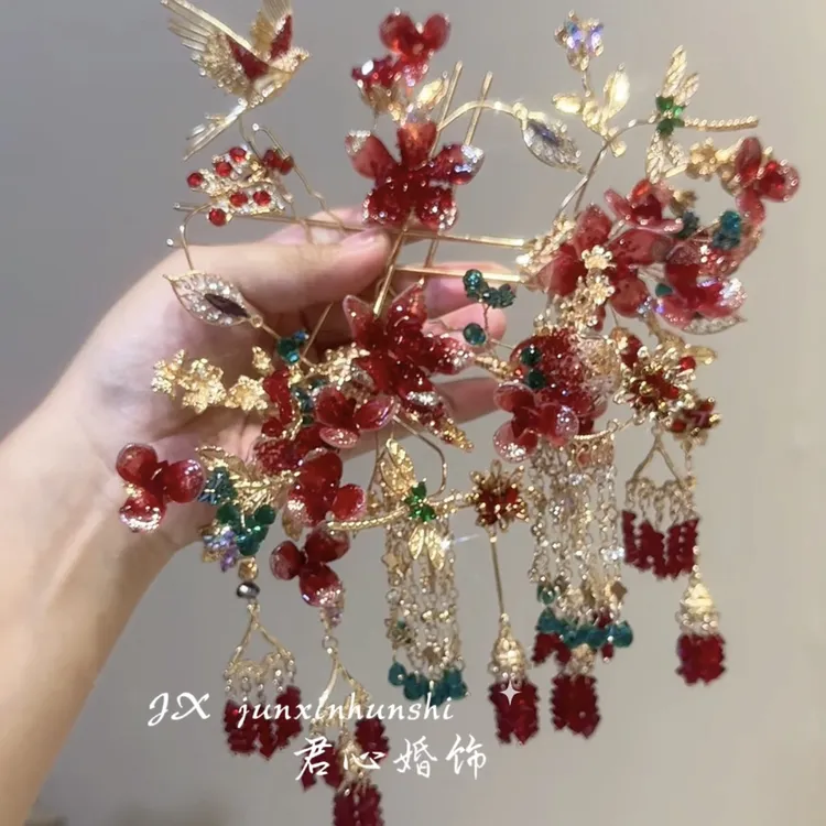 君心家 金雀 | 金红水晶锆石发钗高级感新娘秀禾头饰