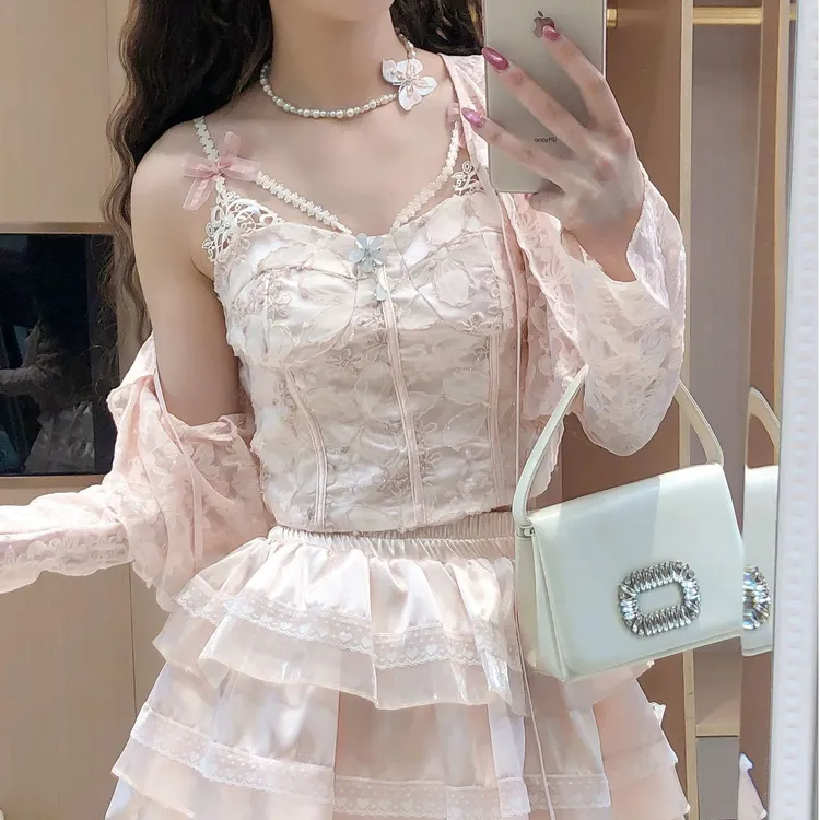 艾日秀甜美公主风刺绣花朵鱼骨收腰胸衣吊带蕾丝蛋糕半身裙套装女