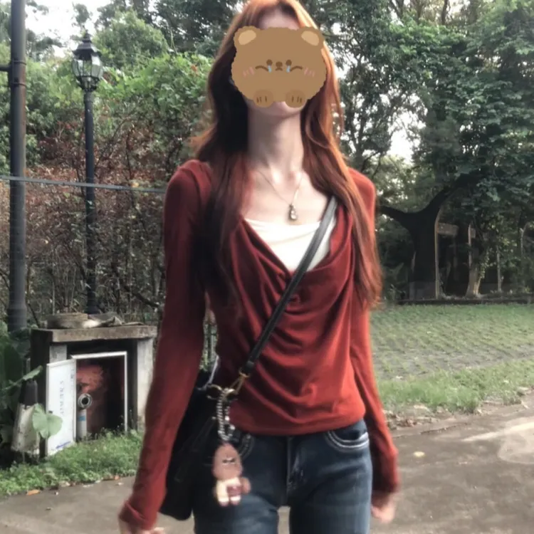 艺等2025年秋季新款韩系穿搭高级设计感假两件长袖T恤修身女上衣