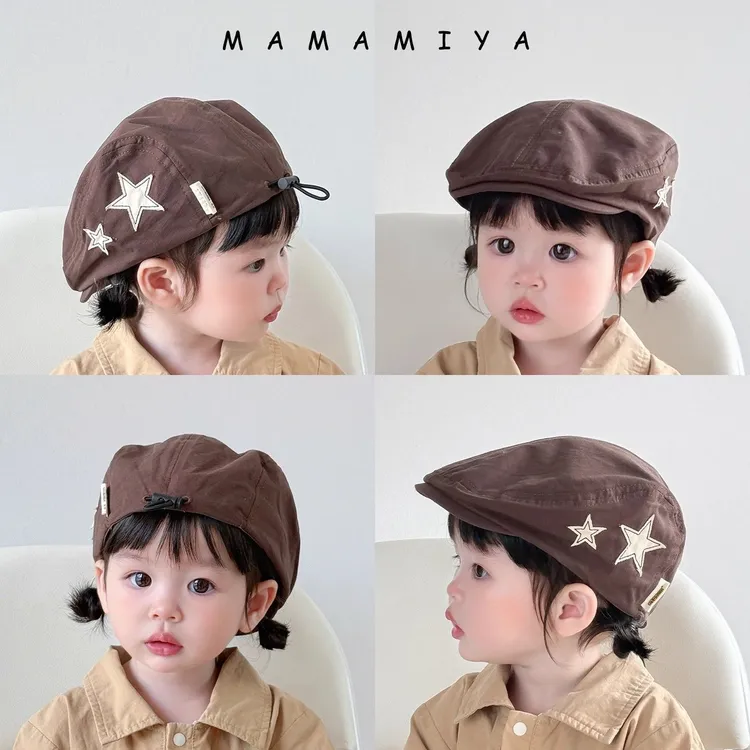 儿童贝雷帽男童春秋款复古美式星星前进帽女童宝宝英伦鸭舌报童帽