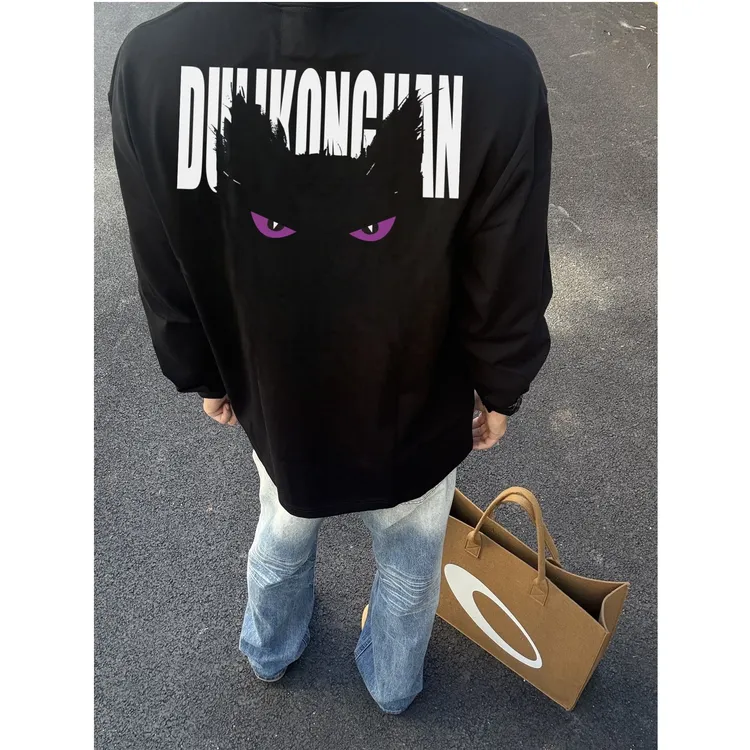 秋冬美式复古潮牌个性设计印花长袖T恤男宽松圆领纯棉重磅打底潮