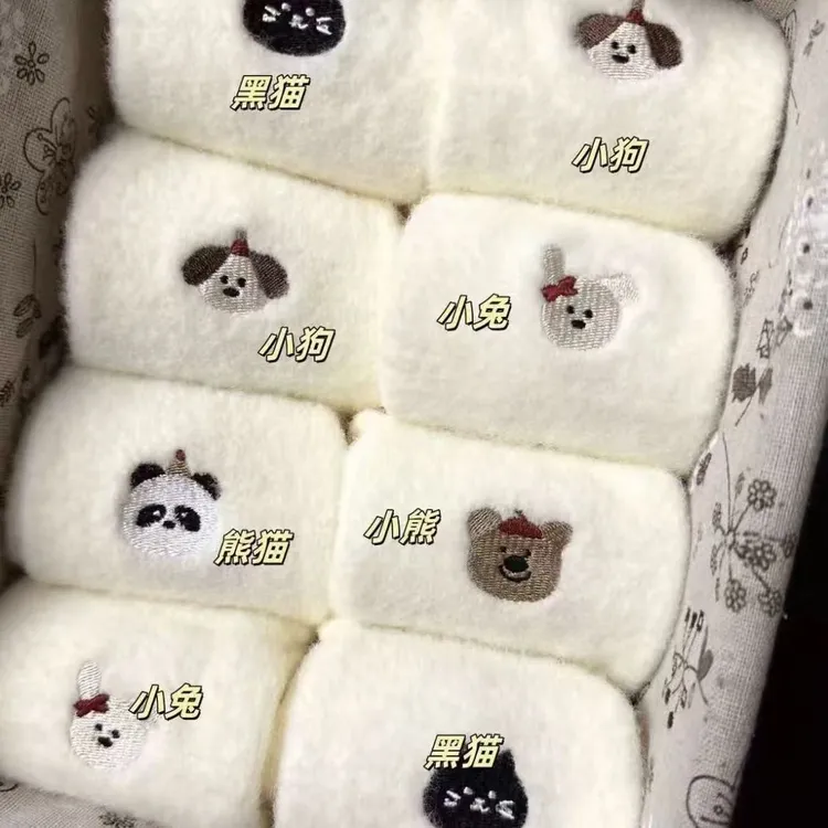 （五双装）袜子女新款水貂绒卡通可爱加厚加绒保暖地板睡眠中筒袜