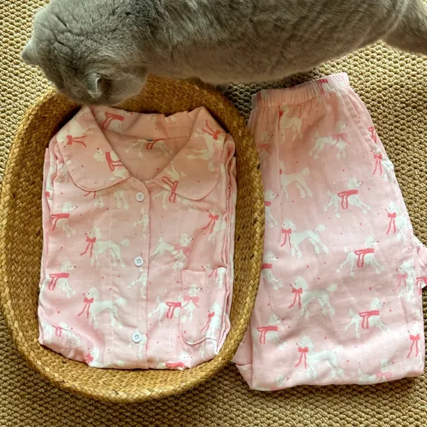 睡个好觉粉小羊25早春A类全棉双层纱家居睡衣套装长袖长裤女款