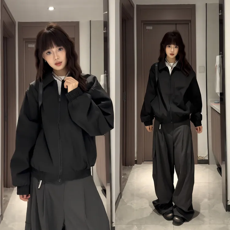 黑色短款外套男秋装cleanfit美式高级感痞帅飞行员夹克翻领棒球服