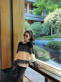 【大静静】“费尔岛毛衣”秋冬轻奢高级感宽松气质黑色拼接针织上衣