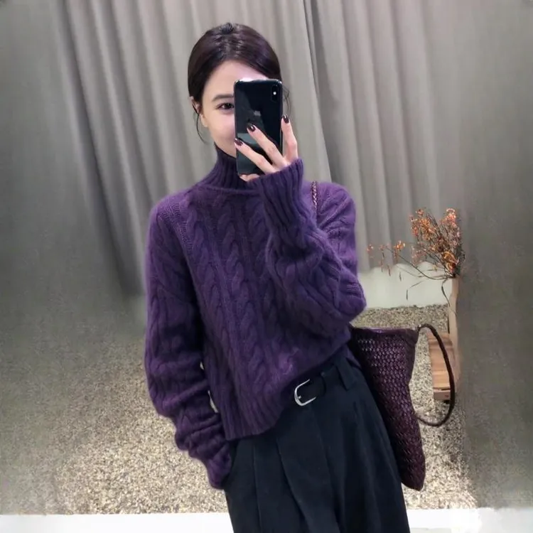 高领紫色毛衣女秋冬新品欧货洋气高腰厚实百搭麻花短款针织衫上衣
