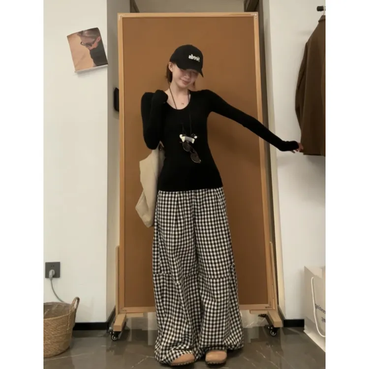 黑白格子百搭气质宽松休闲裤   60035