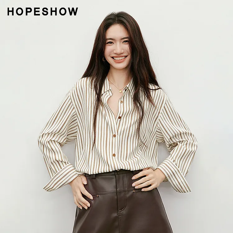 红袖2025秋季新款女装 可露丽撞色条纹单排扣翻领衬衫90225290301