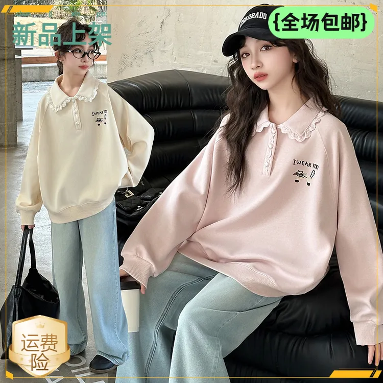 新款春秋女童卫衣时尚韩版纯色翻领套头上衣柔软聚酯纤维潮