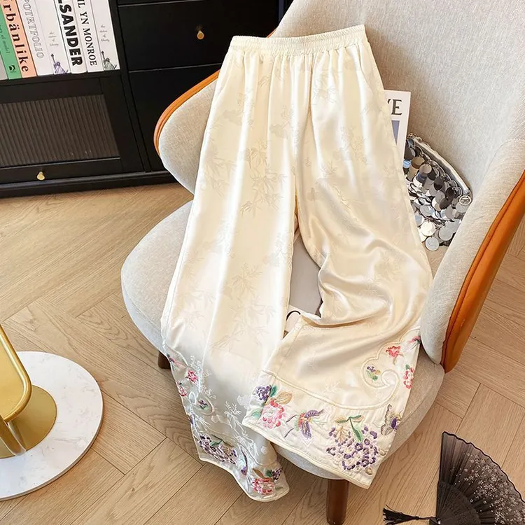 新中式国风加绒加厚提花刺绣阔腿直筒长裤秋冬季百搭舒适休闲裤
