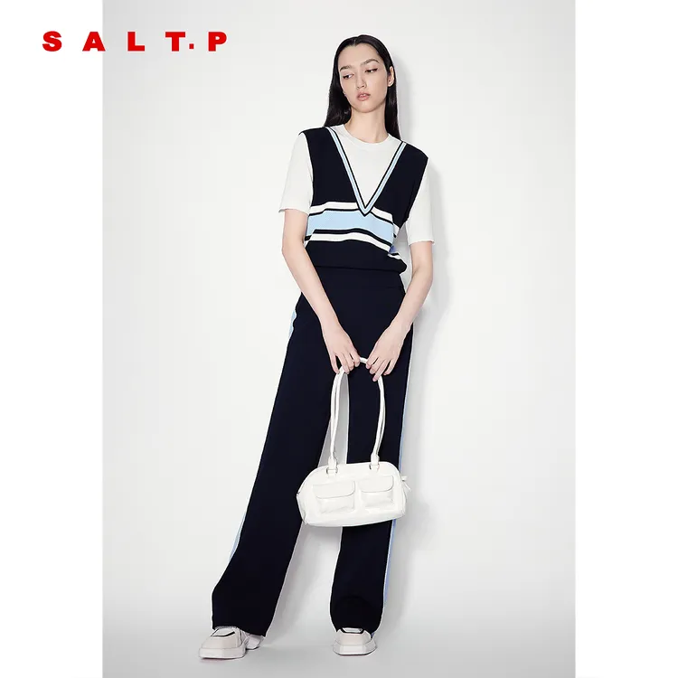SALT.P可颜假两件学院运动风条纹短袖针织衫2025夏新款
