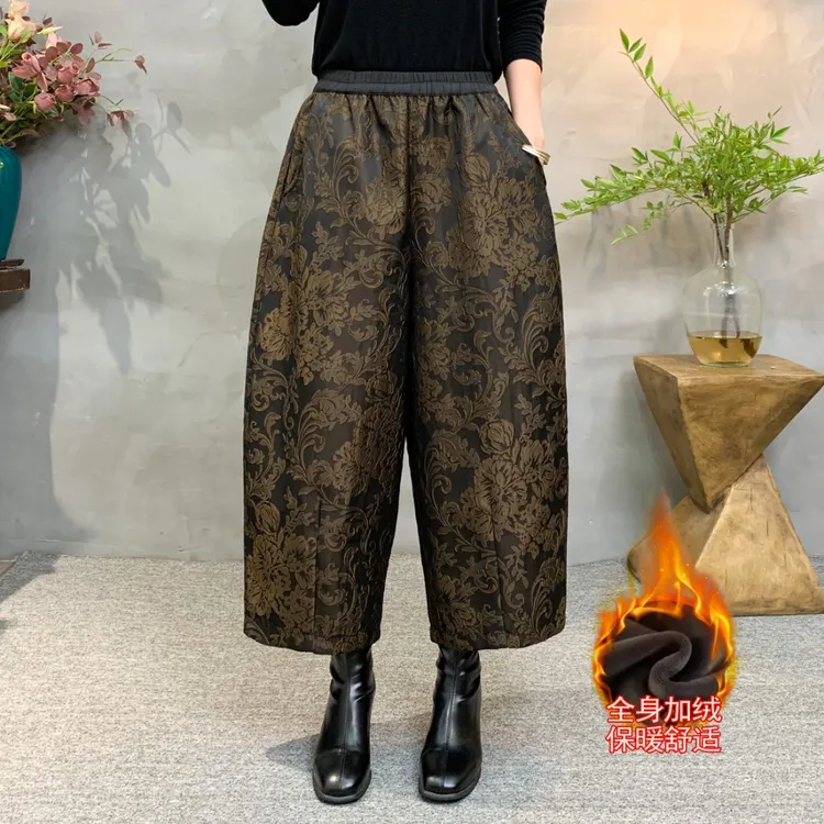 松紧腰阔腿裤提花民族风休闲裤刺绣九分裤口袋花苞裤加绒加厚