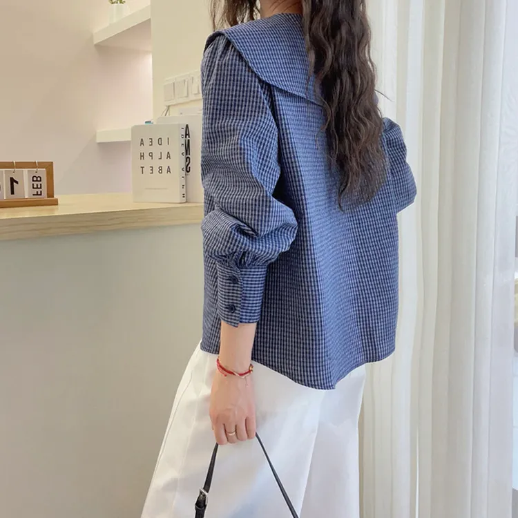 2025年春秋新款娃娃领格子衬衫女日系小众减龄拉链大翻领长袖上衣