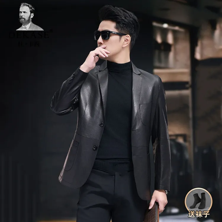 Dekase 商务真皮皮衣男修身时尚休闲西服西装百搭外套绵羊皮夹克