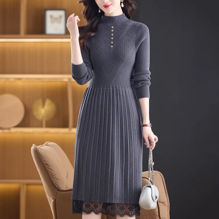 下摆蕾丝毛衣裙长款气质收腰显瘦针织连衣裙大方冬天配大衣的裙子