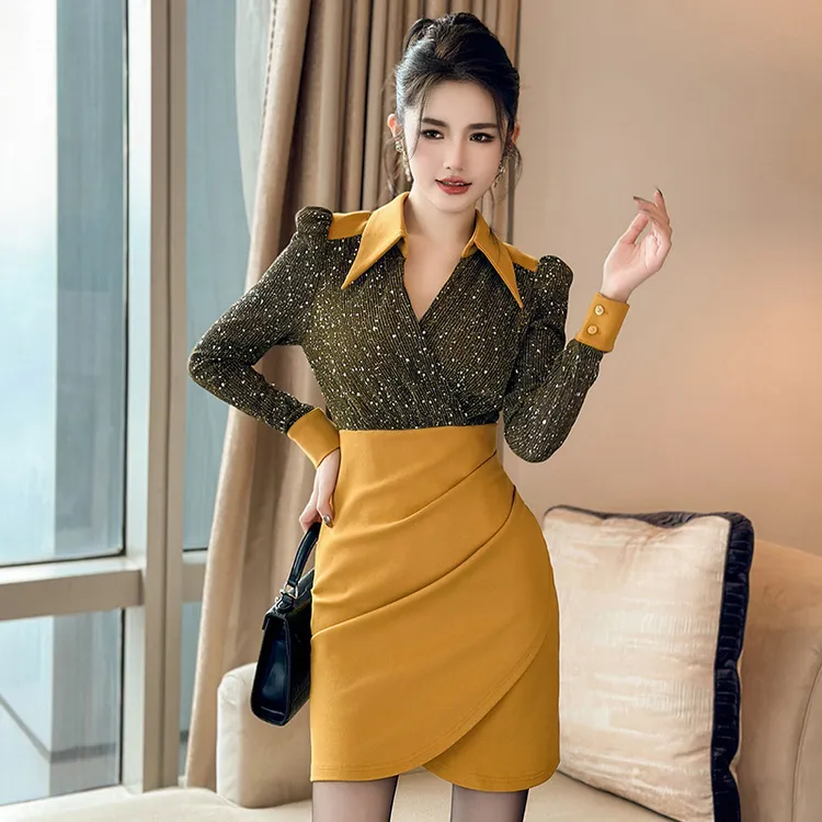 婷婷衣恋50673秋装新款时尚法式气质POLO领修身收腰包臀连衣裙