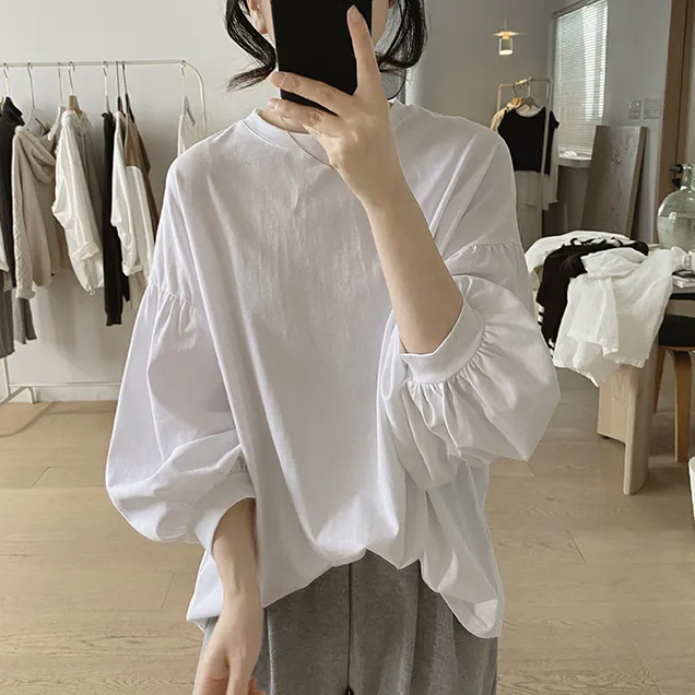 春秋新款纯棉灯笼九分袖宽松圆领简约纯色T恤薄款洋气休闲百搭女