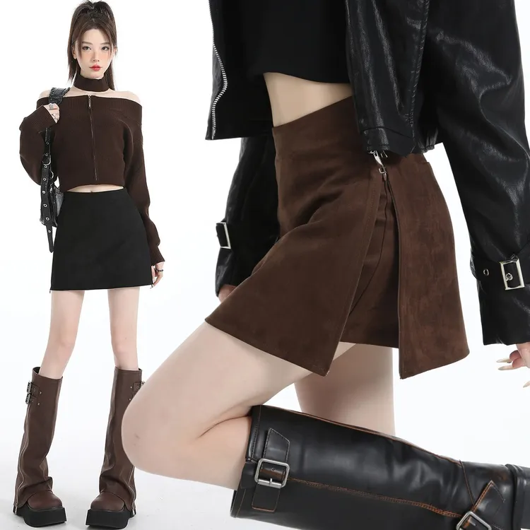 美拉德风麂皮绒开叉半身裙秋冬2025新款高腰显瘦A字裙百搭短裙裤