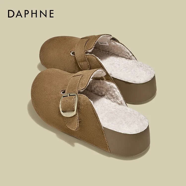 达芙妮厚底勃肯鞋半拖女2025冬季加绒增高复古外穿懒人包头拖鞋女
