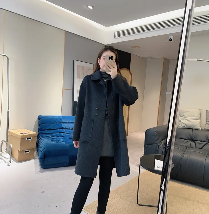  【欧加粒粒】小圆扣双面羊毛中长款外套秋冬翻领气质显瘦F25102248