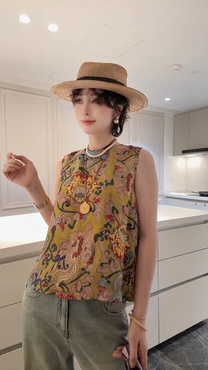 FANYE 2025夏季新款中国风不规则下摆提花无袖背心2025628