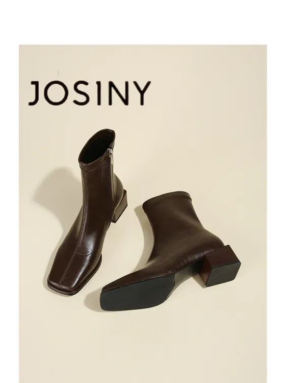 卓诗尼【断码清仓】小短靴女2025秋季新款法式粗跟中跟弹力瘦瘦靴女