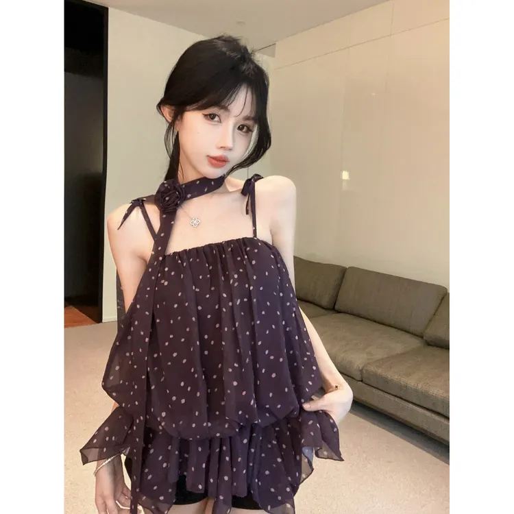 甜美风法式紫色波点吊带背心女夏季新款不规则设计感雪纺无袖上衣