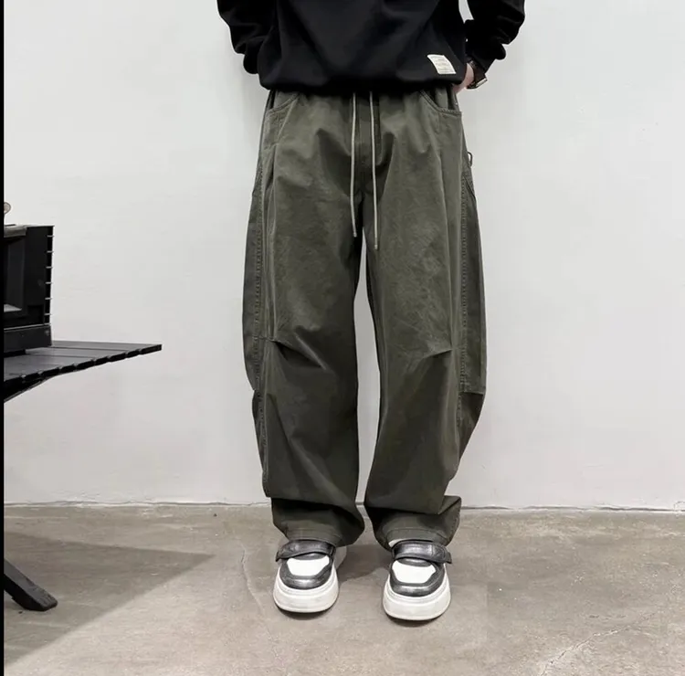  秋冬加绒加厚宽松水洗直筒港风高街美式工装弯刀裁剪男士休闲裤