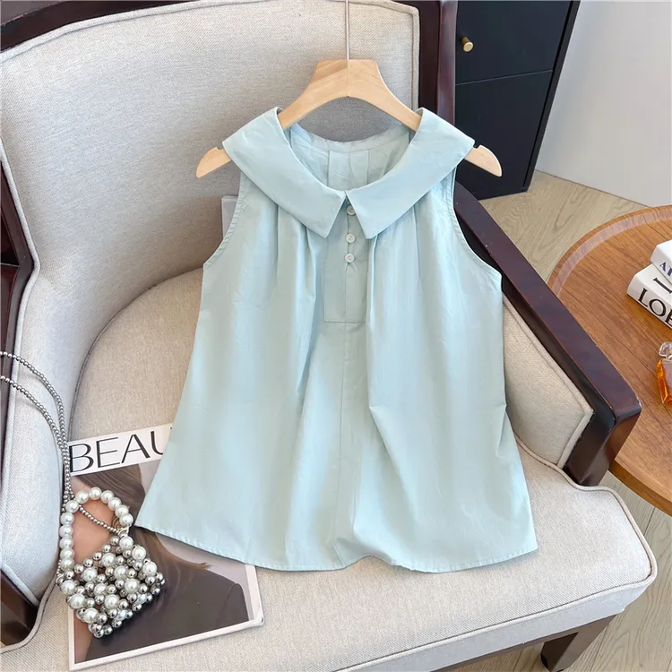 专柜撤回剪标韩系压褶翻领无袖衬衫女夏季新款小清新百搭显瘦上衣