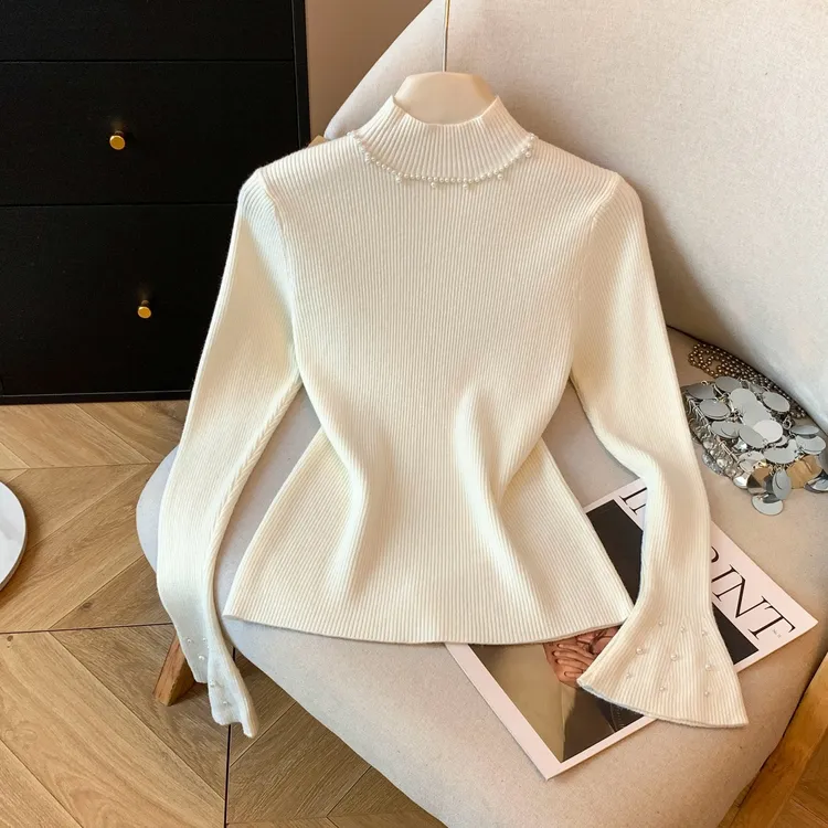 绝美钉珠高级感针织打底衫女秋冬新款减龄喇叭袖毛衣内搭修身上衣