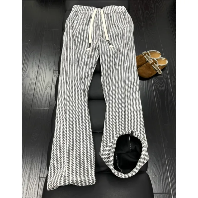 小香风鱼骨条纹卫裤男款秋季重磅褶皱休闲裤美式复古宽松阔腿裤子