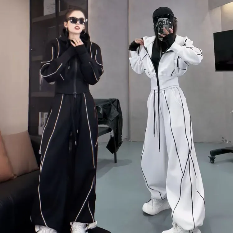 休闲运动套装女2025春秋新款韩版时尚显瘦连帽卫衣阔腿裤两件套潮