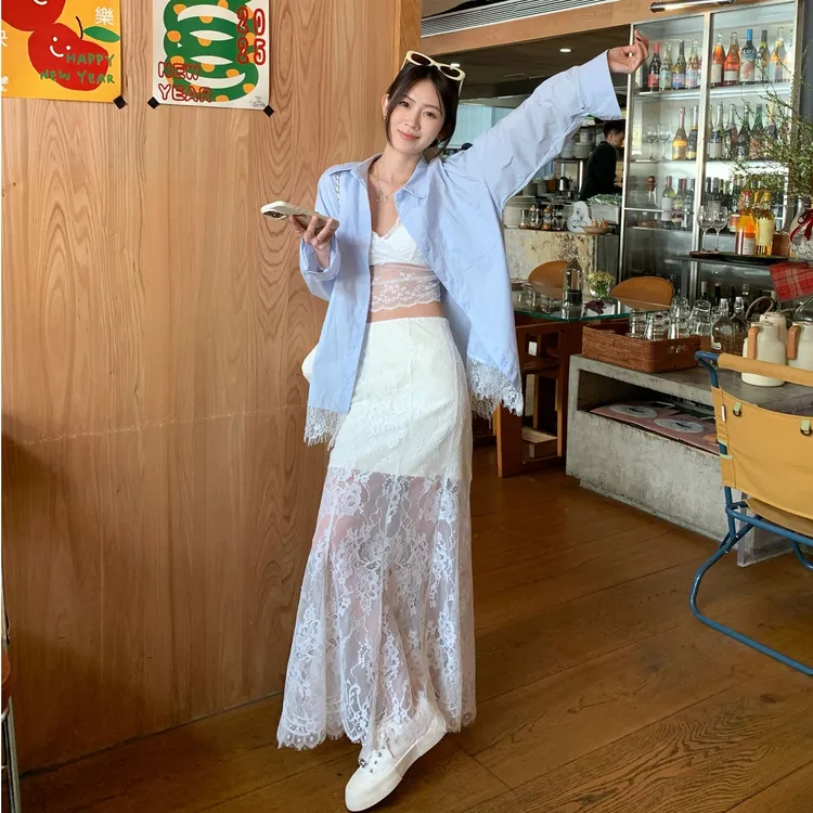 新款早初春装夏季衬衣外套宽松慵懒风蕾丝衬衫小众法式长袖上衣