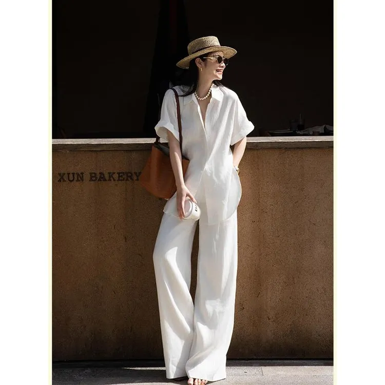 大方得体穿搭一整套老钱风高级感休闲白色棉麻衬衫裤子套装女夏季