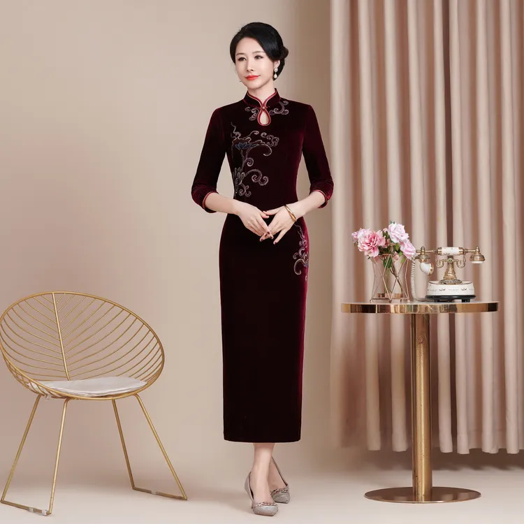 秋冬气质丝绒喜婆婆婚礼旗袍新中式高贵中国风喜婆婆宴会显瘦礼服