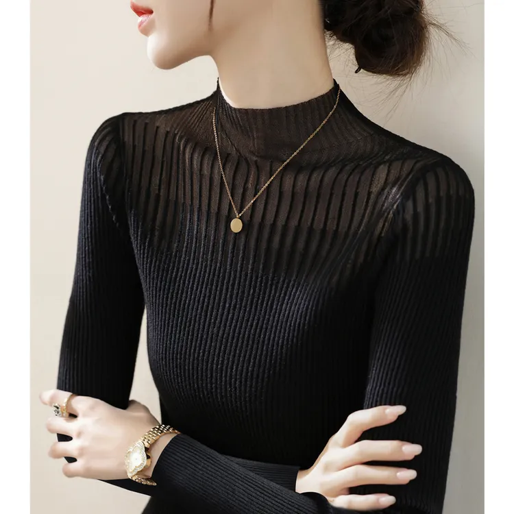 2025年秋冬蕾丝网纱内搭毛衣新款时尚气质半高领长袖针织打底衫女