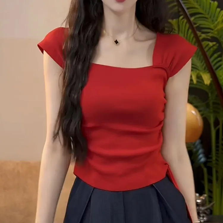 【花海望月】夏季红色设计感小众气质短袖针织衫LK2503656