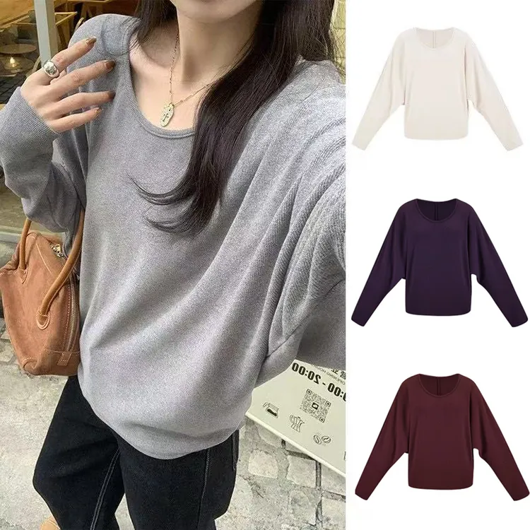 【慕斯双面绒】秋季新款蝙蝠袖气质上衣慵懒显瘦长袖T恤打底衫7111