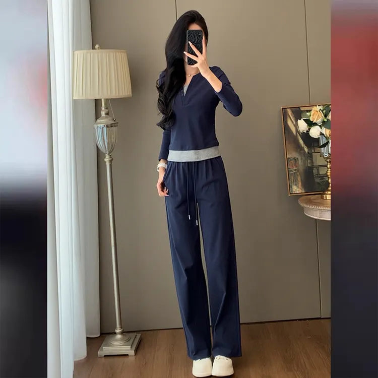 DUCURNO休闲蓝色套装女秋季2025年新款设计感简约宽松显瘦两件套