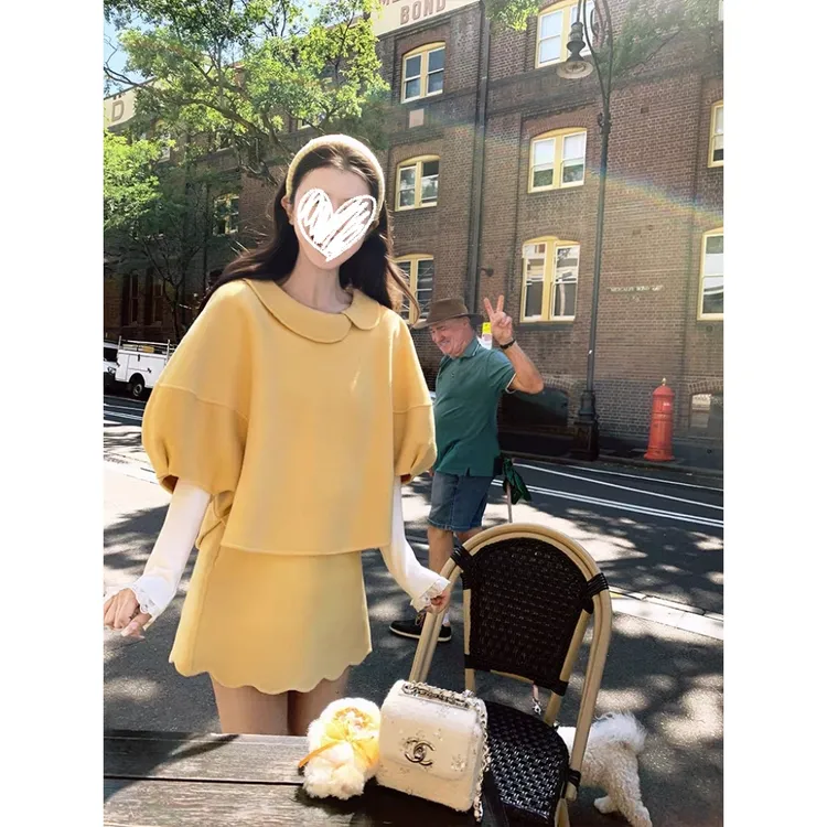 【山茶花】减龄学院风灯笼七分袖上衣长袖打底衫花边显瘦半身裙套装