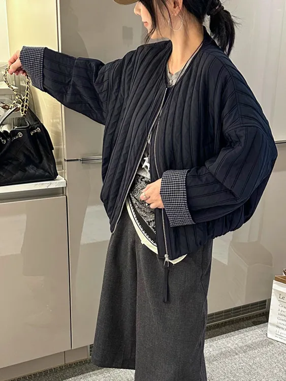 撞色拼接薄棉圆领开衫短外套女2025秋季新款宽松显瘦休闲夹克上衣