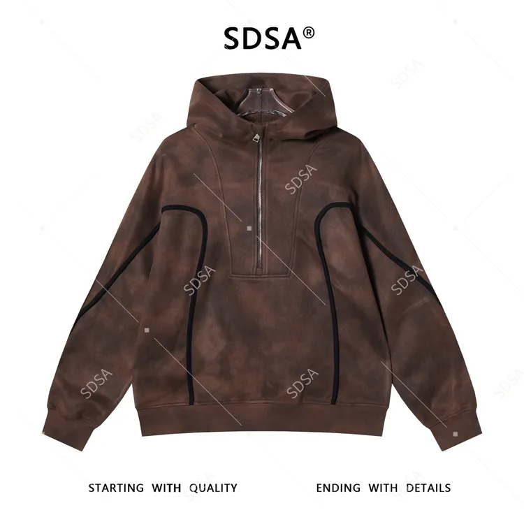 SDSA男士秋冬新款痞帅男装简约扎染解构明线半拉链立领连帽卫衣