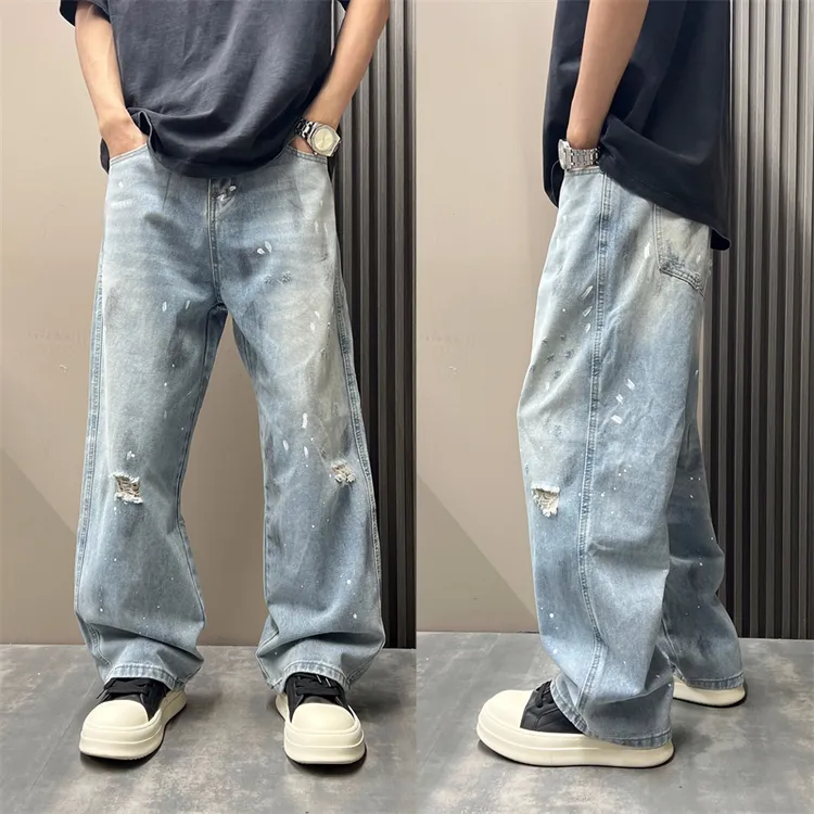 美式高街牛仔裤男潮流痞帅2025秋季新款破洞宽松直筒百搭阔腿裤子