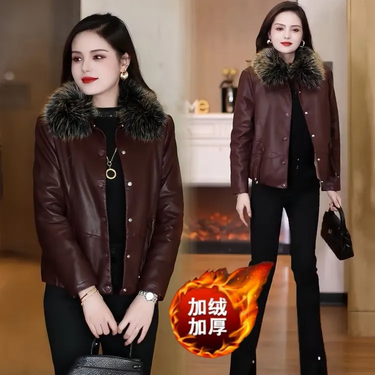时尚加绒保暖短款皮衣外套女2025秋冬新款洋气减龄显瘦夹克衫上衣