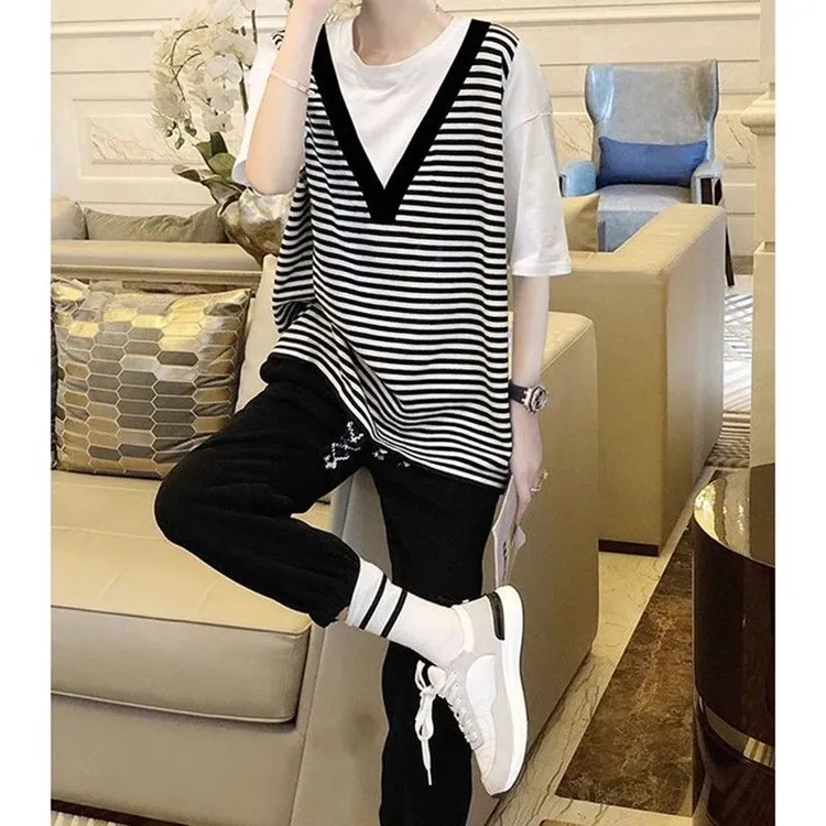 欧洲站2025夏季新款韩版宽松假两件时尚休闲拼接短袖条纹t恤上衣
