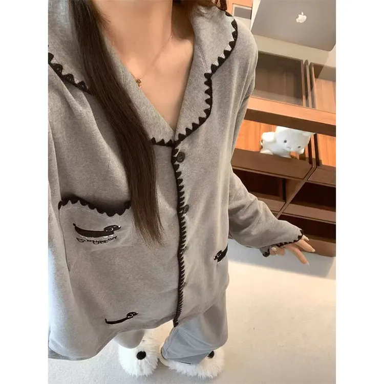 韩系ins腊肠狗刺绣少女睡衣女秋冬季蚕丝羊绒加厚保暖家居服套装