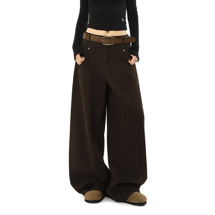 美式复古棕咖色弯刀牛仔裤女冬新款宽松阔腿显瘦百搭直筒拖地裤子