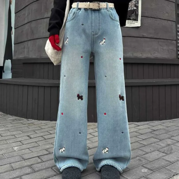 秋冬女大童加绒牛仔直筒裤百搭一体绒休闲时尚青少年必备-SW728