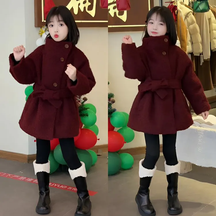 女大童毛呢外套秋冬装2024新款洋气加厚新年服女孩中长款呢子大衣