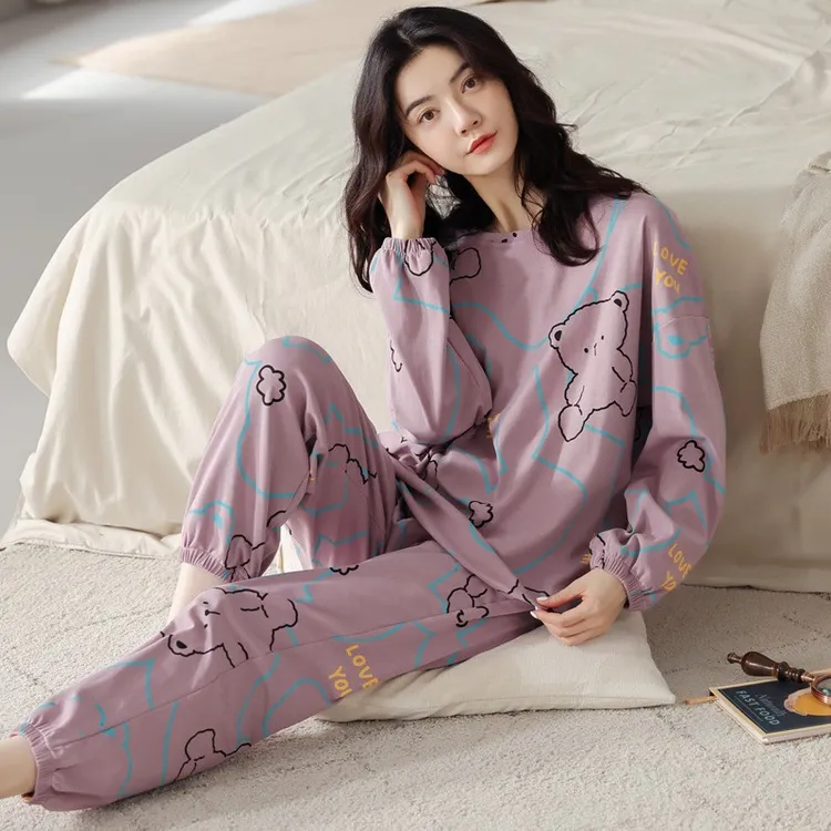 蜜丹丽A类100%纯棉春秋季睡衣女士秋冬纯棉长袖可外穿韩版甜美